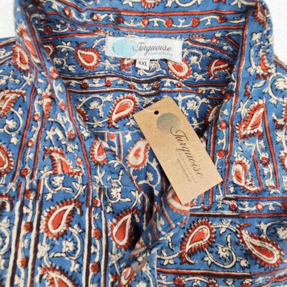 Turquoise Handcrafted Cotton Hand Block Print Paisley Shirt XXL India $90 NEW